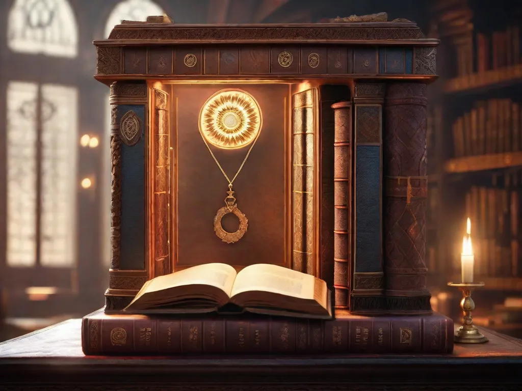 Uma estante mística repleta de tomos antigos adornados com capas de couro desgastado e símbolos intricados. Partículas de poeira dançam na luz etérea, como se guardassem os segredos dos deuses antigos, esperando serem revelados por aqueles que se atrevem a mergulhar em suas páginas.