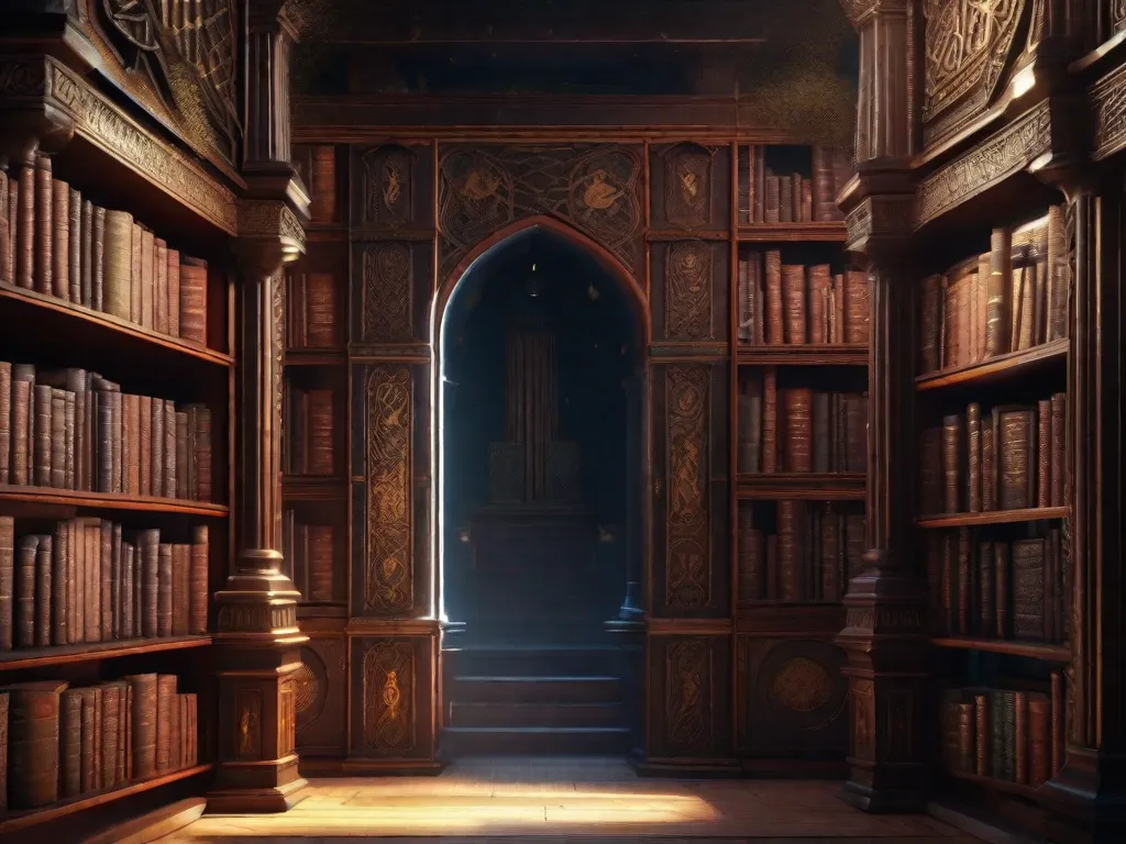 Uma estante mística repleta de tomos antigos, cada um adornado com símbolos intricados e capas de couro desgastadas. Partículas de poeira dançam no feixe de luz, como se estivessem guardando os segredos dentro deles. Esses livros guardam a chave para desvendar a sabedoria perdida dos antigos deuses.