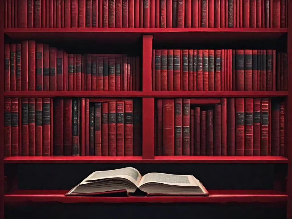 Descrição da imagem: Uma estante sombria e sinistra cheia de títulos arrepiantes. O quarto, levemente iluminado, projeta sombras nos livros, aumentando a atmosfera ameaçadora. Os títulos nos livros estão escritos em letras vermelho-sangue, em negrito, transmitindo uma sensação de presságio e causando arrepios na espinha.