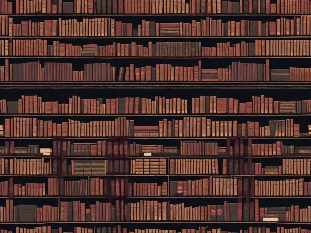 Descrição da imagem: Um quarto com pouca iluminação, com uma estante de livros cheia de romances arrepiantes. Os livros têm capas assustadoras, retratando casas assombradas, figuras sinistras e letras vermelhas como sangue. Uma única lâmpada de leitura lança um brilho assustador, criando uma atmosfera que vai te manter acordado