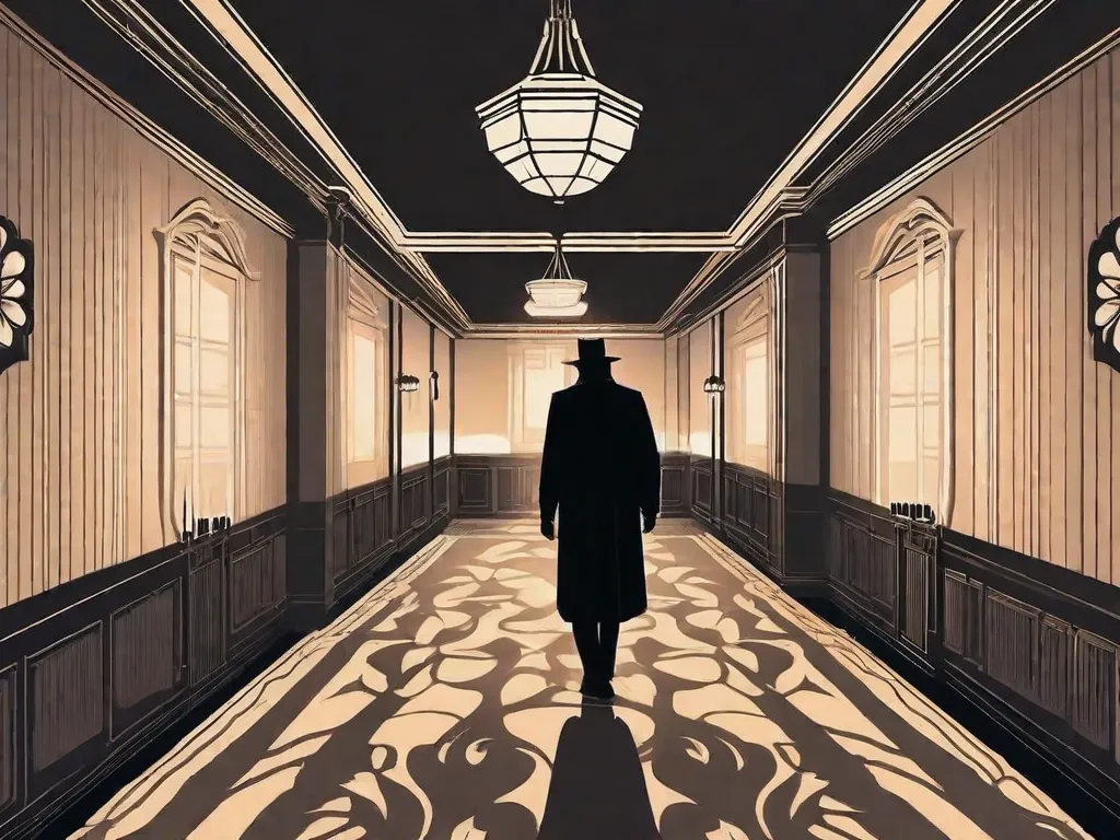 Uma imagem sombria e assustadora de uma figura sombria parada no final de um corredor longo e mal iluminado. A figura está parcialmente escondida nas sombras, criando uma sensação de mistério e antecipação. O corredor é forrado com velas tremeluzentes, lançando um brilho sinistro e aumentando a atmosfera cheia de suspense.