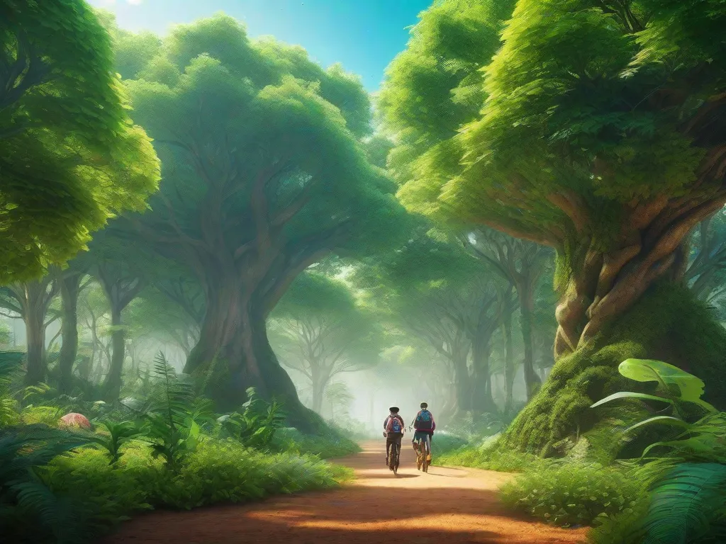 Uma imagem vibrante de uma floresta verde exuberante, com raios de sol filtrando através do dossel, mostrando a beleza e serenidade da natureza. Serve como um lembrete para abraçar a sustentabilidade e preservar nosso meio ambiente para as gerações futuras.