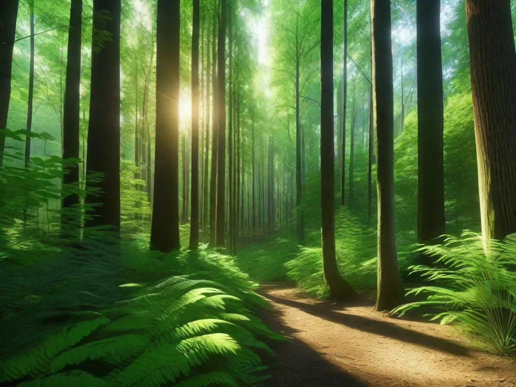 Descrição da imagem: Uma floresta verde vibrante e exuberante, com árvores altas que se estendem em direção ao céu. A luz do sol atravessa a folhagem densa, criando um belo jogo de luz e sombras no chão da floresta. A imagem captura a serenidade e a beleza da natureza, lembrando-nos da importância de preservar e proteger nosso