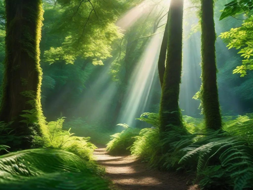 Uma imagem vibrante de uma floresta verde exuberante, com raios de sol filtrando através do dossel, mostrando a beleza e serenidade da natureza. Serve como um lembrete para abraçar a sustentabilidade e preservar nosso meio ambiente para as gerações futuras.