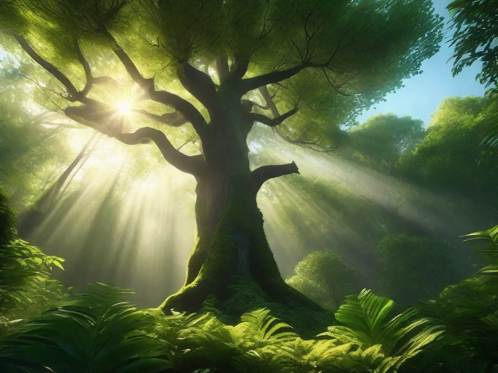Uma floresta vibrante e exuberante ergue-se, com raios de sol penetrando pela densa copa. Uma árvore solitária, resiliente e forte, simboliza a importância de preservar nosso ambiente natural. Seus galhos se estendem, abraçando o céu, nos lembrando de valorizar e proteger nosso planeta para as gerações futuras.
