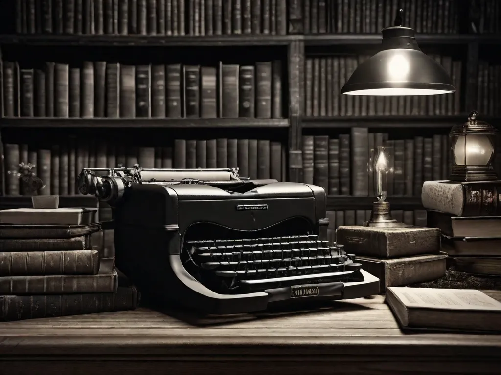Uma imagem em preto e branco de uma máquina de escrever desgastada colocada em uma mesa de madeira, cercada por pilhas de livros antigos. A luz fraca vinda de uma lâmpada vintage lança um brilho nostálgico, simbolizando o legado literário atemporal de Graciliano Ramos e convidando os leitores a embarcar em uma jornada através de suas set