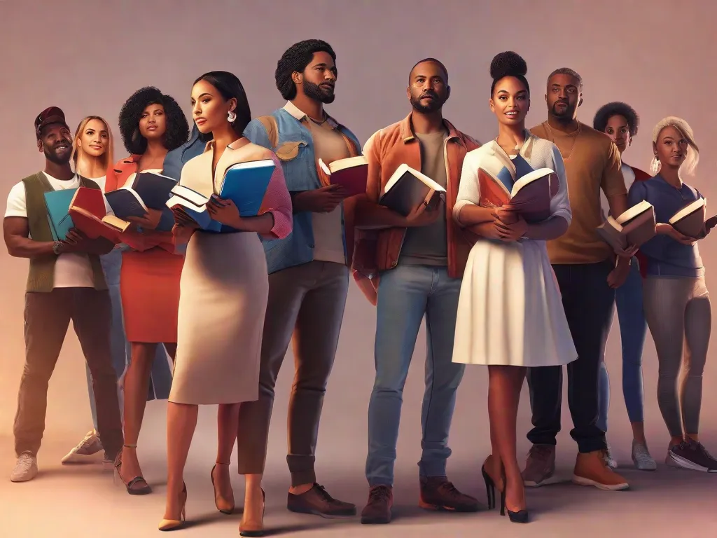 Descrição da imagem: Um grupo de indivíduos diversos, cada um segurando um livro diferente, está em pé em círculo com os braços entrelaçados. Os livros simbolizam diversos campos e conhecimentos, representando o poder da colaboração e do trabalho em equipe na busca pelo sucesso e na promoção da união.