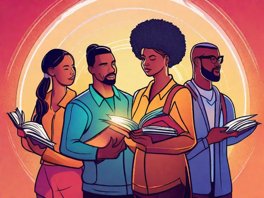 Descrição da imagem: Um grupo de indivíduos diversos, cada um segurando um livro diferente, está em pé em círculo com os braços entrelaçados. Eles estão rodeados por um brilho vibrante, simbolizando o poder e a união que surgem ao trabalhar juntos. Os livros que eles seguram representam diferentes áreas de especialização, destacando a importância da colaboração e do trabalho em