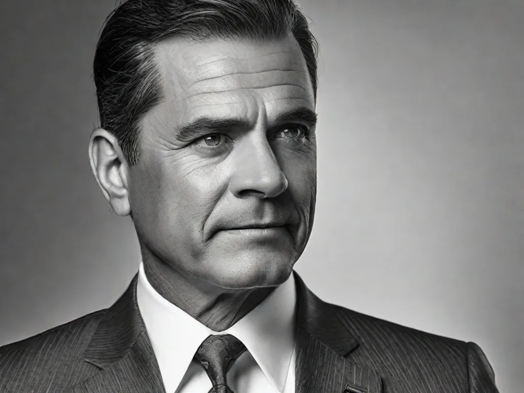 Descrição da imagem: Uma fotografia em preto e branco de um homem na casa dos 40 anos, com linhas profundas marcadas em seu rosto, usando um terno e gravata. Seus olhos refletem uma vida inteira de experiências e dificuldades. A imagem captura sua determinação e resiliência, retratando o impacto de sua história de vida.