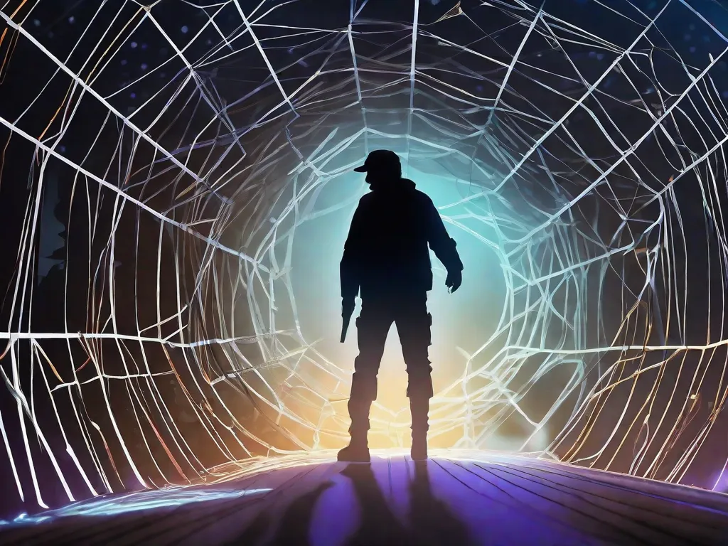 Uma silhueta misteriosa fica nas sombras, cercada por uma teia de fios intricados conectando várias pistas e reviravoltas na trama. Cada fio representa uma reviravolta diferente, criando uma teia intricada e cativante de surpresas. A imagem simboliza a emoção e o suspense encontrados em 10 HQs (quadrinhos) com reviravoltas inesper