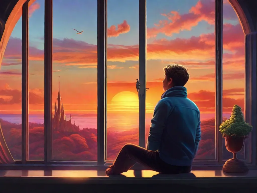 Descrição: Uma pessoa senta-se perto de uma janela, contemplando um pôr do sol vibrante. Sua imaginação alça voo enquanto eles visualizam mundos fantásticos, repletos de criaturas míticas, castelos imponentes e paisagens deslumbrantes. Cada história se desenrola em sua mente, convidando-os a se perder nas maravilhas de sua imaginação