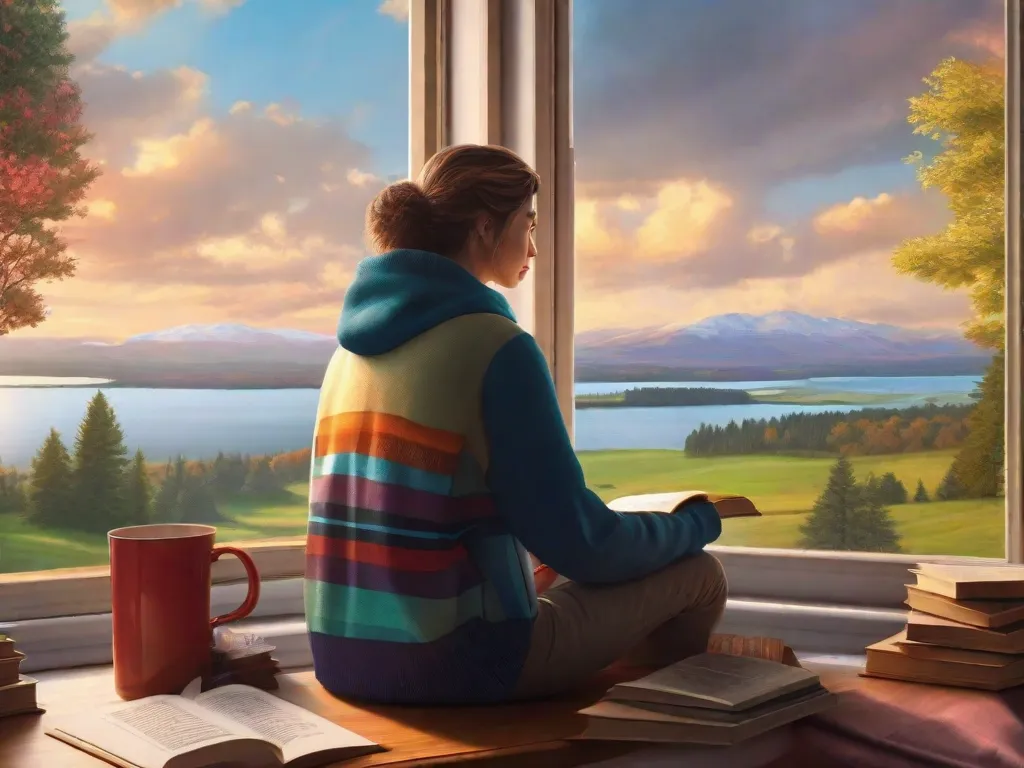 Descrição: Uma pessoa senta-se perto de uma janela, contemplando um pôr do sol vibrante. Sua imaginação alça voo enquanto eles visualizam mundos fantásticos, repletos de criaturas míticas, castelos imponentes e paisagens deslumbrantes. Cada história se desenrola em sua mente, convidando-os a se perder nas maravilhas de sua imaginação