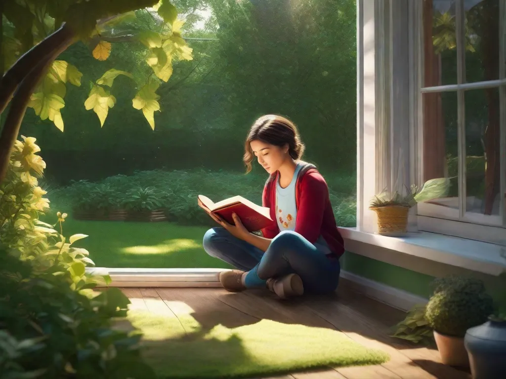 Descrição: Uma pessoa sentada perto de uma janela, olhando para fora com um livro na mão. A janela dá vista para um jardim verde exuberante, e a luz do sol passa pelos galhos, criando uma atmosfera mágica. O rosto da pessoa reflete um sentimento de encanto e empolgação enquanto se envolvem nas cativantes histórias do livro.