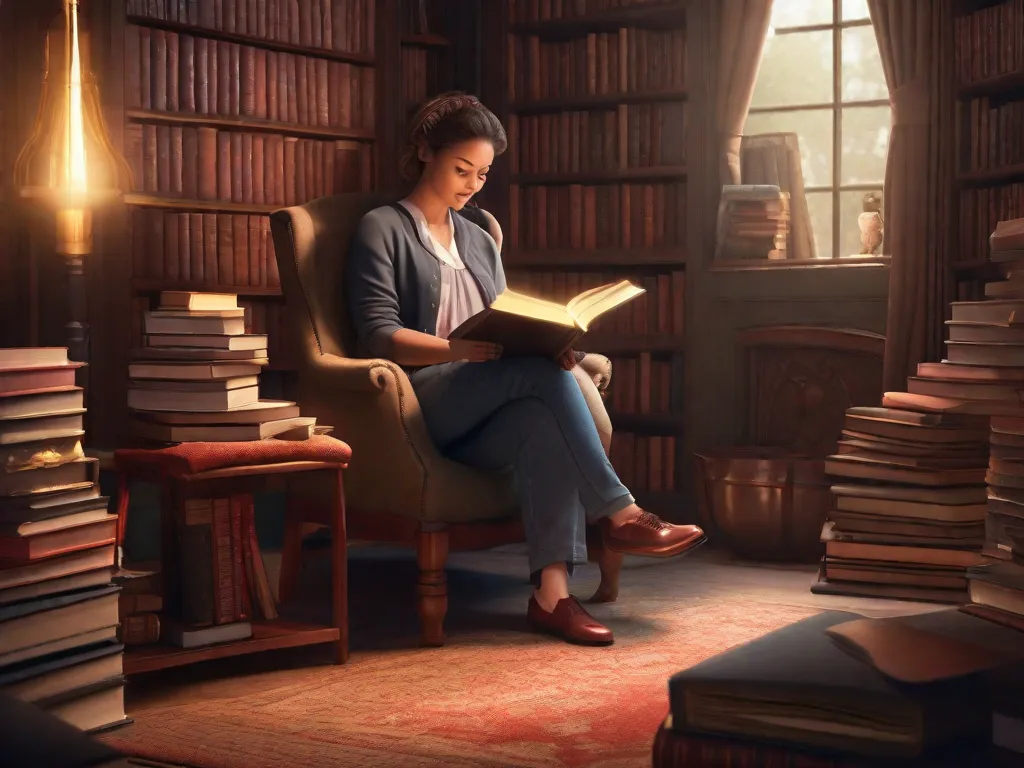 Uma imagem de um cantinho aconchegante para leitura cercado por uma pilha de dez livros diversos, cada um representando um gênero e era diferentes. Os livros vão desde clássicos até best-sellers contemporâneos, convidando os leitores a explorar uma variedade de mundos literários antes que o tempo acabe.