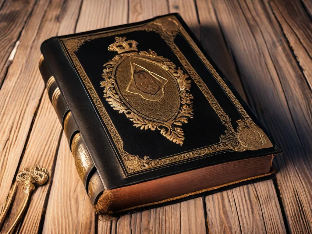Descrição da imagem: Um close-up de um livro desgastado, encadernado em couro, deitado sobre uma mesa de madeira. As páginas do livro estão levemente amareladas pelo tempo, e o título está elegantemente gravado em letras douradas na lombada. A luz suave do sol passa por uma janela próxima, lançando um brilho acolhedor sobre o livro e criando uma atmosfer