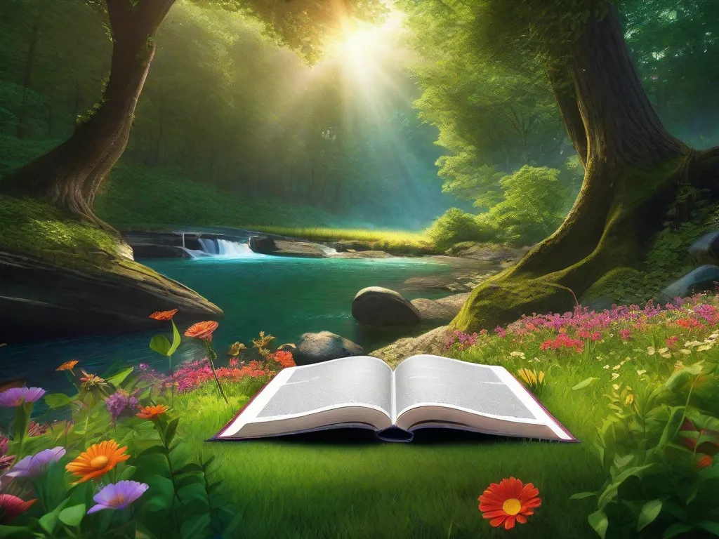 Descrição da imagem: Um livro aberto com uma paisagem mágica emergindo de suas páginas. A cena retrata uma floresta verde exuberante com árvores altas, um rio fluindo e flores coloridas. A luz do sol passa pelas folhas, criando uma sensação de encantamento e convidando o espectador a embarcar em uma jornada literária para um mundo diferente.