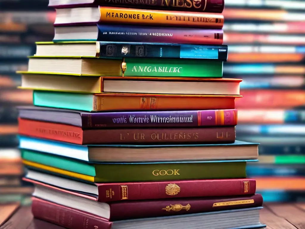 Uma imagem em close-up de uma pilha de livros com suas capas voltadas para fora. Cada capa de livro é única, representando diferentes gêneros e estilos, atraindo o leitor com suas cores vibrantes e designs intrigantes. Os títulos são parcialmente visíveis, deixando uma sensação de mistério e antecipação para as surpresas literárias que estão por vir.