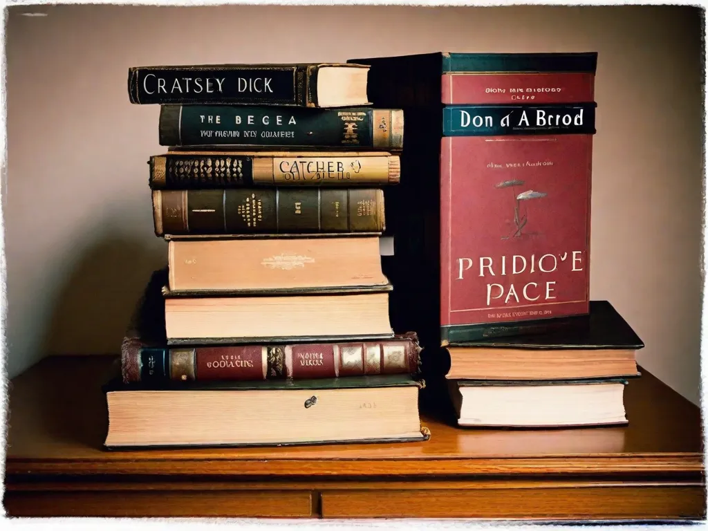 Descrição da imagem: Uma pilha de livros antigos e desgastados com títulos como