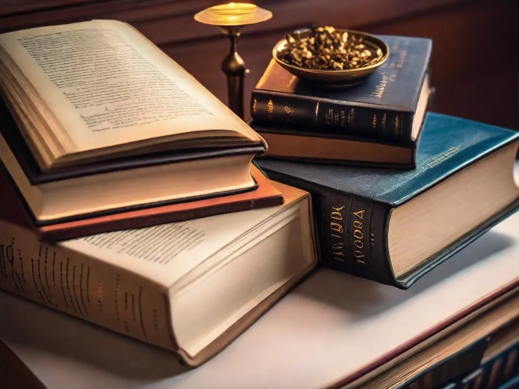 Uma foto de uma pilha lindamente organizada de livros clássicos, exibindo títulos como