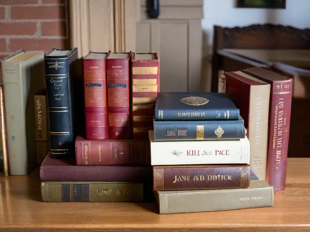 Descrição da imagem: Uma pilha de sete livros clássicos, cuidadosamente arrumados em uma mesa de madeira. Os títulos incluem 