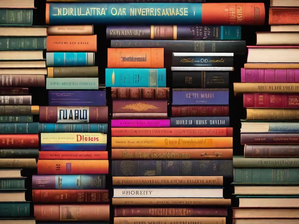 Descrição da imagem: Uma pilha de livros coloridos com títulos únicos e não convencionais, simbolizando literatura alternativa. Cada livro possui um design de capa distinto que reflete sua natureza não convencional. Os livros estão dispostos de uma maneira que mostra sua diversidade e convida o espectador a explorar seu conteúdo intrigante.