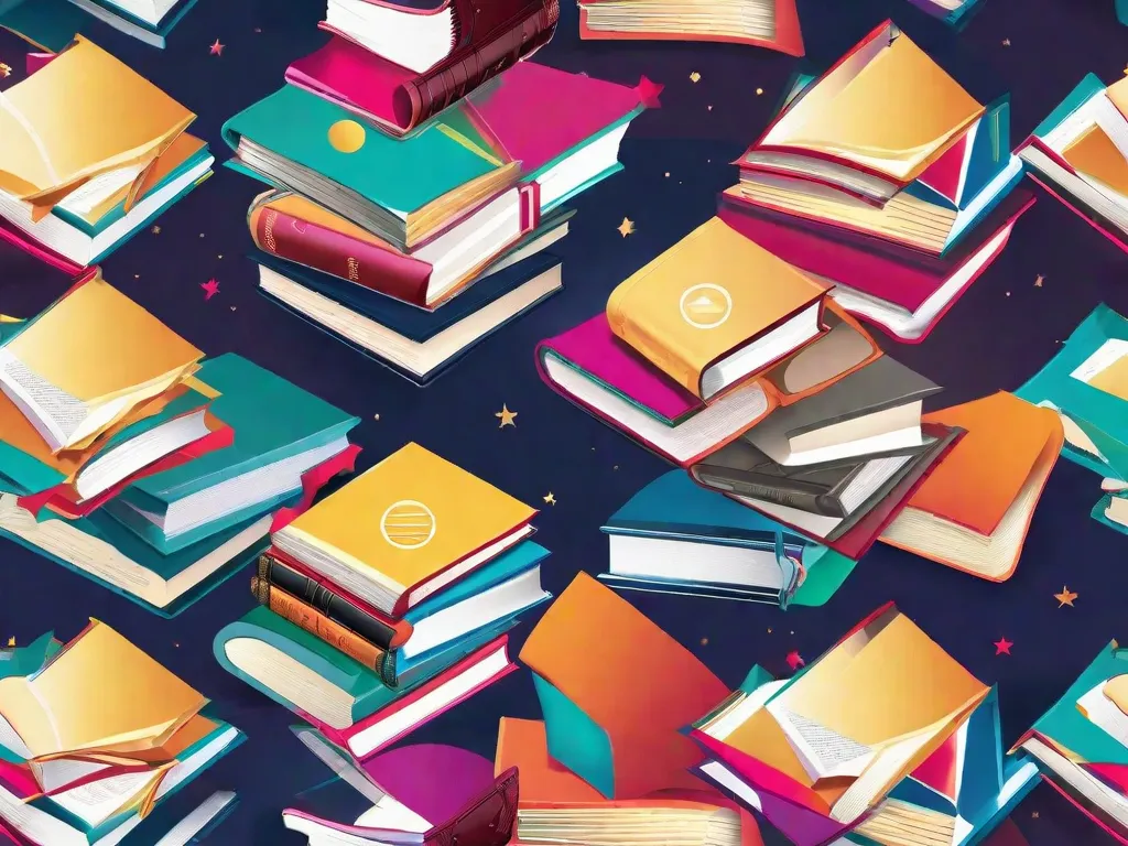 Descrição da imagem: Uma pilha colorida de livros com capas vibrantes, cada um representando um aspecto diferente da criatividade. Os títulos incluem