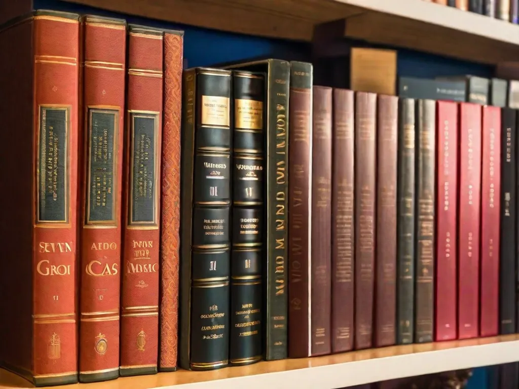 Descrição da imagem: Um close-up de uma estante de livros cheia de literatura clássica. Entre os livros, sete deles estão em destaque, representando as obras-primas de Graciliano Ramos. Os títulos são visíveis, exibindo as influentes obras do autor que incluem 