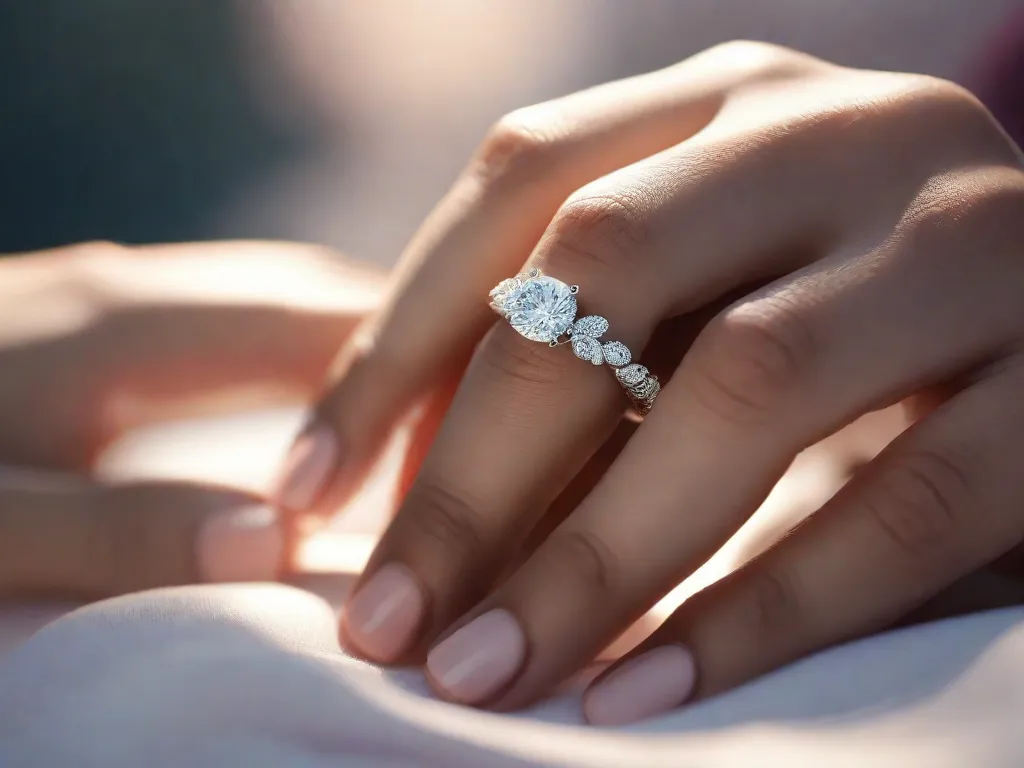 Descrição da imagem: Um close de duas mãos entrelaçadas, mostrando um anel prateado no dedo anelar. As mãos estão delicadamente segurando uma à outra, simbolizando amor e afeto. O fundo está desfocado, criando uma atmosfera romântica e sonhadora.