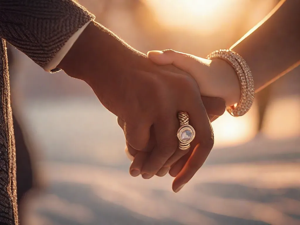 Descrição da imagem: Um close de duas mãos entrelaçadas, mostrando um anel prateado no dedo anelar. As mãos estão delicadamente segurando uma à outra, simbolizando amor e afeto. O fundo está desfocado, criando uma atmosfera romântica e sonhadora.