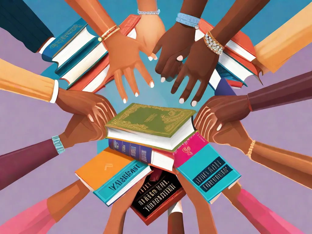 Descrição da imagem:
Um grupo de mãos diversas se unindo, cada uma segurando um livro diferente com capas vibrantes. As mãos estão entrelaçadas, simbolizando união e trabalho em equipe. Os livros representam diversos gêneros, mostrando o poder da colaboração e a importância de trabalhar juntos em prol de um objetivo comum.
