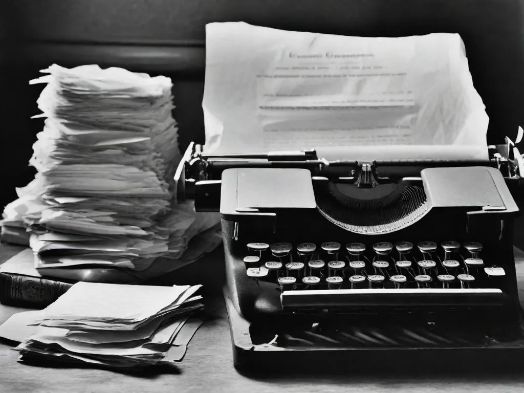 Descrição da imagem: Uma fotografia em preto e branco de uma antiga máquina de escrever com uma pilha de papéis amassados ao lado. A máquina de escrever parece desgastada e envelhecida, simbolizando as inúmeras horas de dedicação e perseverança necessárias para escrever uma biografia impactante. Os papéis amassados representam as inúmeras versões e revisões pelas quais