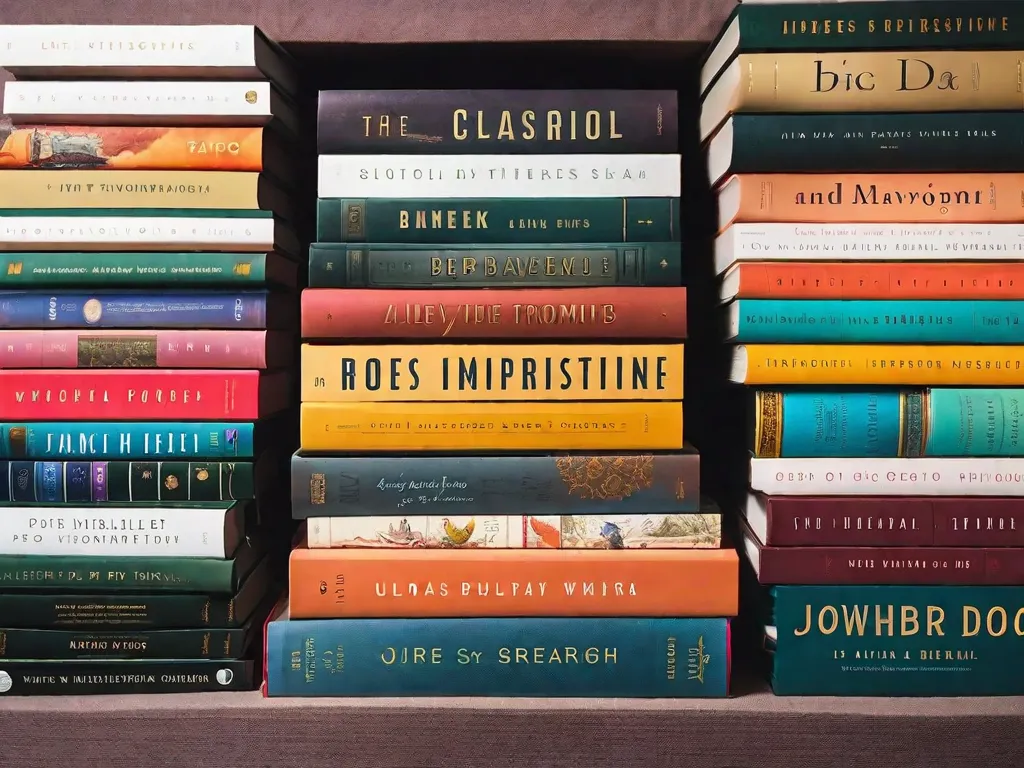 Descrição da imagem: Uma foto em close-up de uma pilha de 10 livros com capas vibrantes, mostrando vários temas de aventura e autodesenvolvimento. O título de cada livro é visível e eles variam de contos de exploração e bravura a crescimento pessoal e triunfo. Os livros estão organizados de forma arrumada, convidando os leitores a embarcar em uma jornada inspiradora de