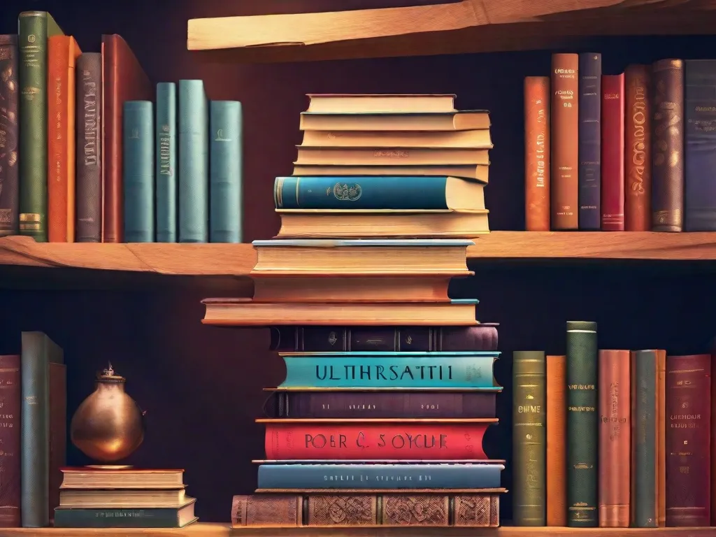 Imagem: Uma pilha de livros com capas vibrantes e chamativas, cada um representando um gênero e estilo diferentes. Os livros estão dispostos de forma a criar um quebra-cabeça visual intrigante, convidando o espectador a explorar e descobrir os mistérios escondidos em suas páginas.