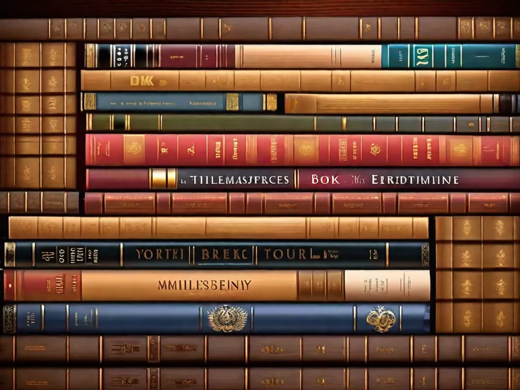 Descrição da imagem: Uma pilha de 20 livros clássicos dispostos cuidadosamente em uma estante de madeira. Os livros variam em tamanho, cor e título, representando uma coleção diversa de obras-primas literárias. A iluminação suave destaca a riqueza das capas dos livros, convidando qualquer amante da literatura a embarcar em uma jornada de leitura atemp