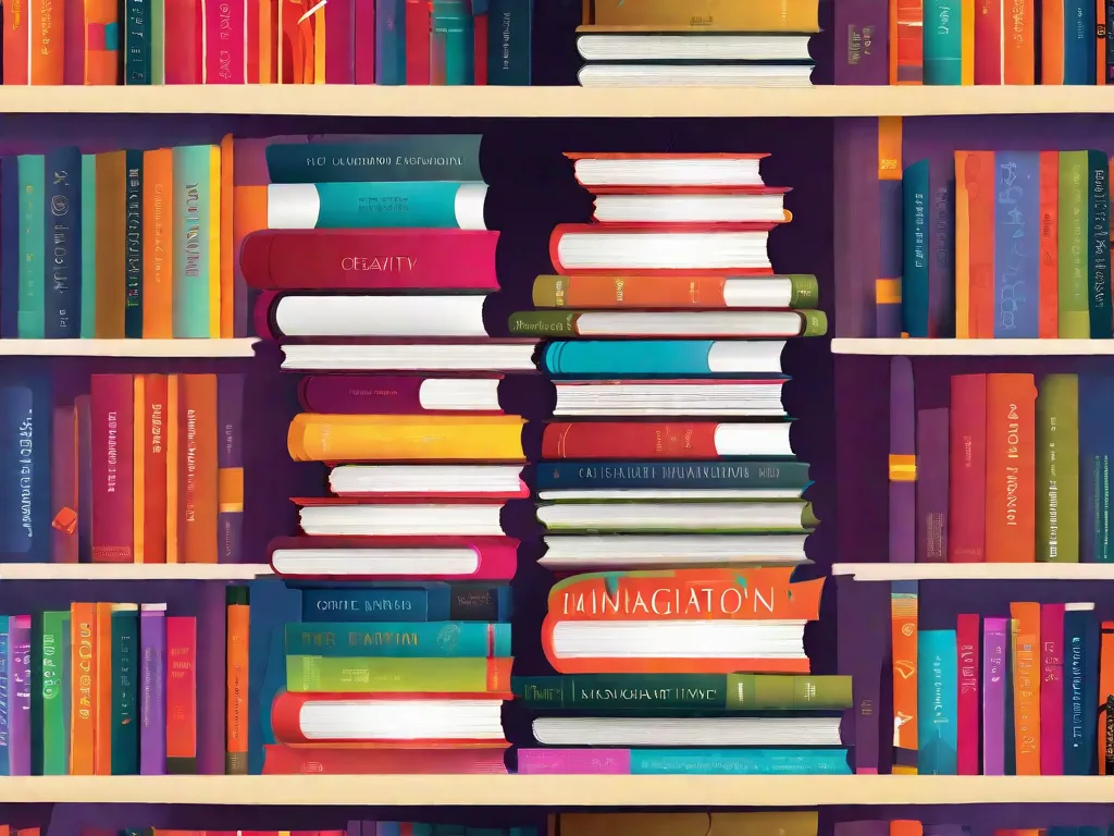 Descrição da imagem: Uma pilha colorida de livros com capas vibrantes, cada um representando um aspecto diferente da criatividade. Os títulos incluem