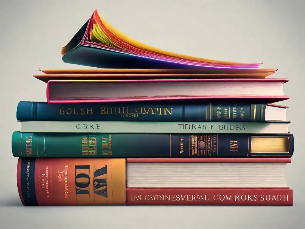 Descrição da imagem: Uma pilha de livros com títulos não convencionais e capas vibrantes, dispostos de maneira visualmente atraente. Cada livro representa um gênero diferente, que vai desde ficção surreal até poesia experimental, oferecendo aos leitores uma experiência de leitura única e surpreendente.