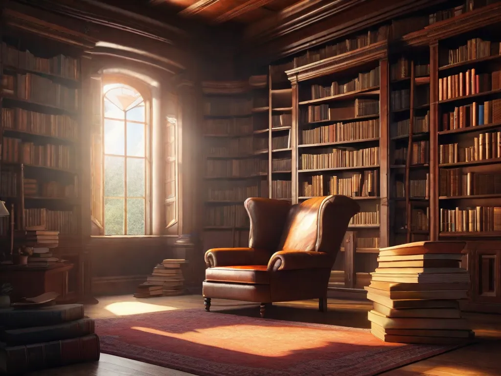 Descrição da imagem:
Uma poltrona de couro desgastada fica no meio de uma biblioteca aconchegante, cercada por estantes altas repletas de volumes empoeirados. A luz do sol entra por uma janela próxima, lançando um brilho quente nas páginas dos livros abertos. A cena convida você a escapar da realidade e embarcar em uma jornada literária através das páginas de