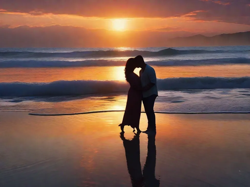 Descrição da Imagem:
Um casal está em uma praia pitoresca ao pôr do sol, com os braços entrelaçados. A luz dourada e quente reflete nas ondas calmas do oceano enquanto eles compartilham um beijo apaixonado, seu amor irradiando de seu abraço. A cena é cheia de romance e captura a essência de um coração roubado.