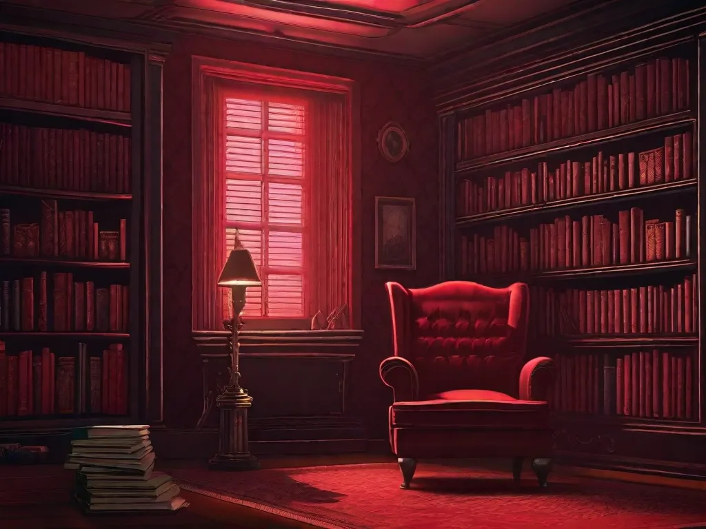 Descrição da imagem: Um quarto com pouca iluminação, com uma estante de livros cheia de romances arrepiantes. Os livros têm capas assustadoras, retratando casas assombradas, figuras sinistras e letras vermelhas como sangue. Uma única lâmpada de leitura lança um brilho assustador, criando uma atmosfera que vai te manter acordado
