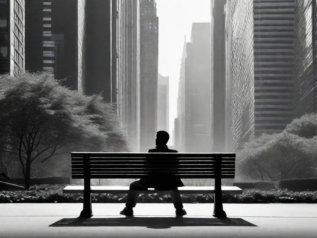 Uma imagem em preto e branco de uma pessoa sentada sozinha em um banco de parque, olhando contemplativamente. A silhueta da pessoa é projetada contra um pano de fundo de arranha-céus imponentes, simbolizando a solidão e a introspecção que se pode experimentar em uma cidade movimentada.
