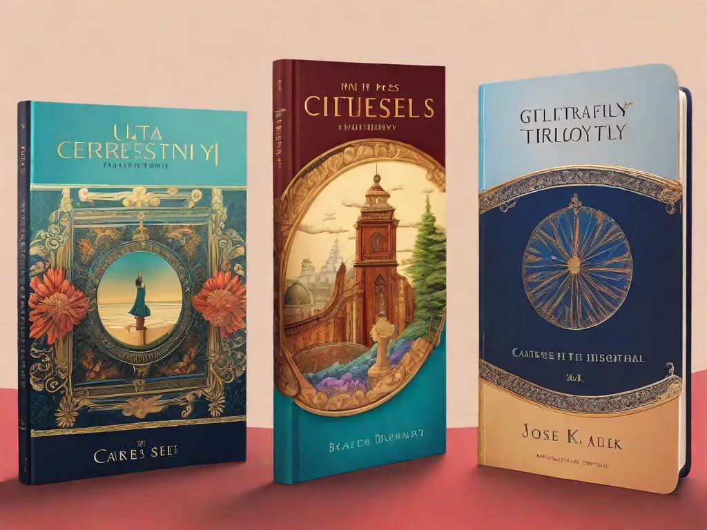 Uma imagem em close-up de três capas de livros lindamente projetadas, representando uma cativante trilogia literária. Cada capa apresenta detalhes intricados e cores vibrantes que imediatamente chamam a atenção do leitor. Os títulos são exibidos de forma proeminente, sugerindo a emocionante e envolvente jornada que aguarda nas páginas.