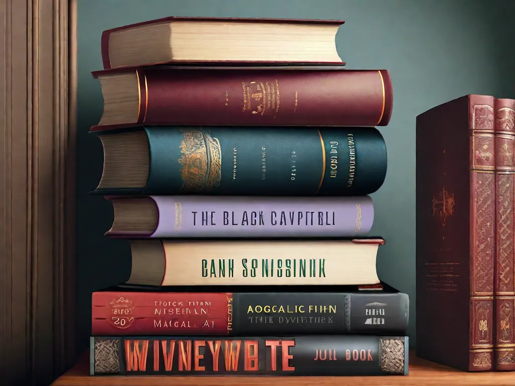 A imagem mostra uma pilha de três livros, cada um representando uma trilogia literária diferente. O primeiro livro retrata um mundo de fantasia com criaturas mágicas e batalhas épicas. O segundo livro retrata uma emocionante investigação criminal com um detetive solucionando mistérios complexos. O terceiro livro mostra uma sociedade distópica onde rebeldes lutam contra um regime opressor. Cada