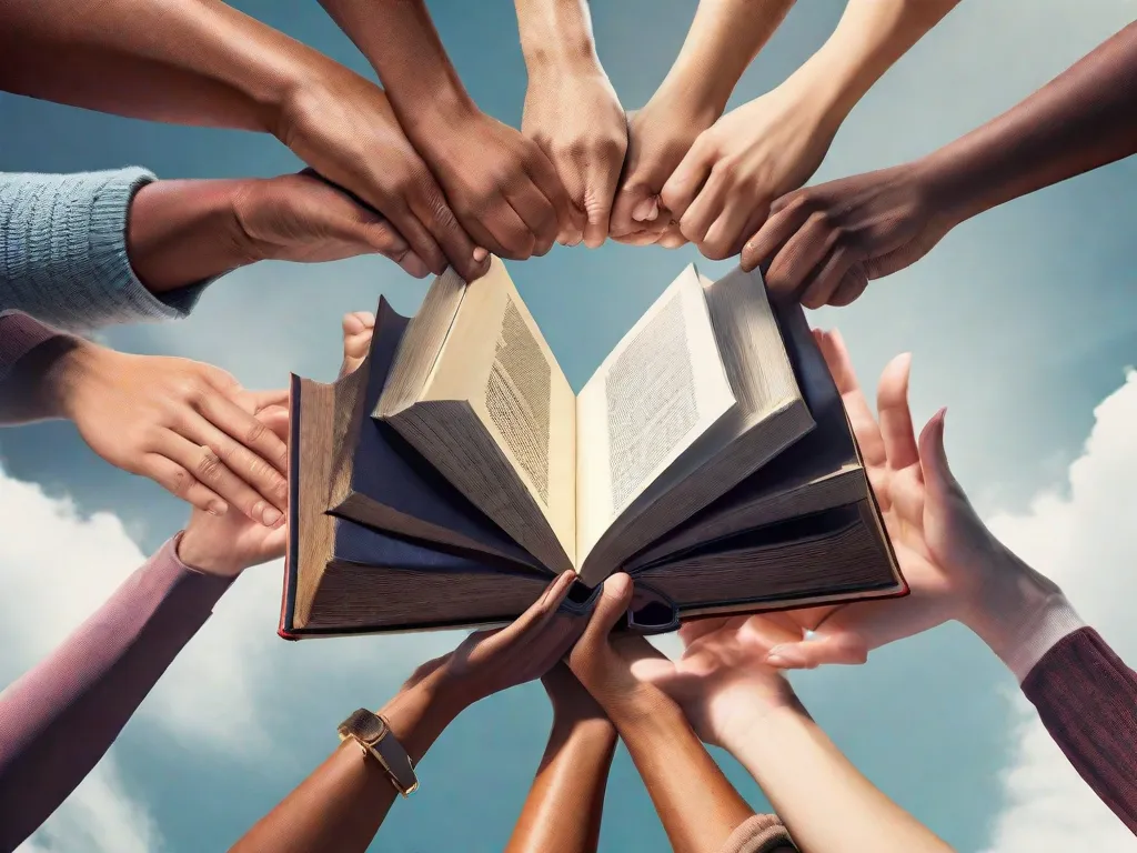 Descrição da imagem: Um grupo de indivíduos diversos, cada um segurando um livro diferente, está em pé em círculo com os braços entrelaçados. Eles estão rodeados por um brilho vibrante, simbolizando o poder e a união que surgem ao trabalhar juntos. Os livros que eles seguram representam diferentes áreas de especialização, destacando a importância da colaboração e do trabalho em